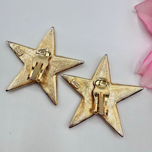 Vintage Tara Rhinestone Star Clip On Earrings Pave Huge Gold Tone Runway Signed - Picture 10 of 16
